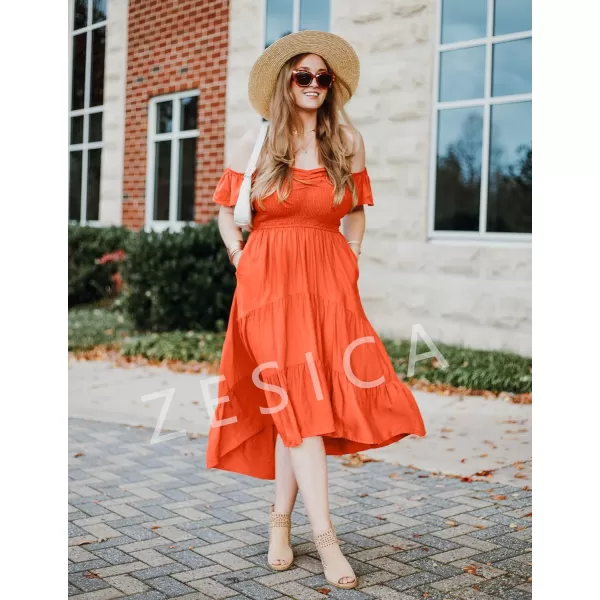 imageZESICA Womens 2023 Summer Boho Off Shoulder Short Sleeve Smocked Ruffle Swing High Low Mermaid Cocktail Party DressOrange