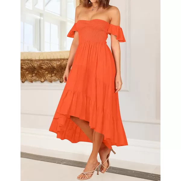 imageZESICA Womens 2023 Summer Boho Off Shoulder Short Sleeve Smocked Ruffle Swing High Low Mermaid Cocktail Party DressOrange