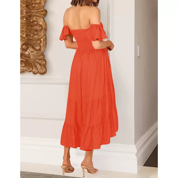 imageZESICA Womens 2023 Summer Boho Off Shoulder Short Sleeve Smocked Ruffle Swing High Low Mermaid Cocktail Party DressOrange