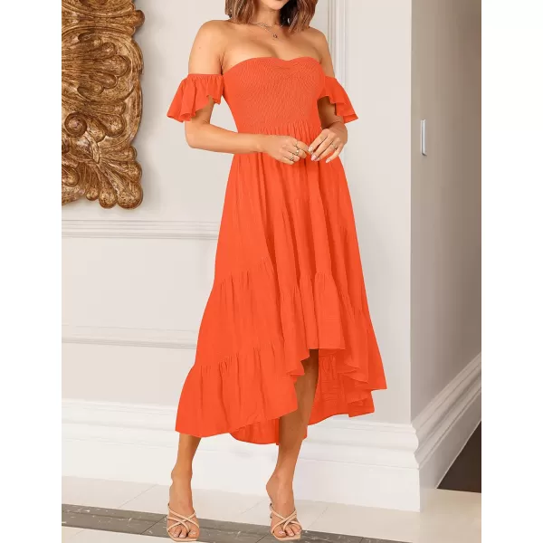 imageZESICA Womens 2023 Summer Boho Off Shoulder Short Sleeve Smocked Ruffle Swing High Low Mermaid Cocktail Party DressOrange