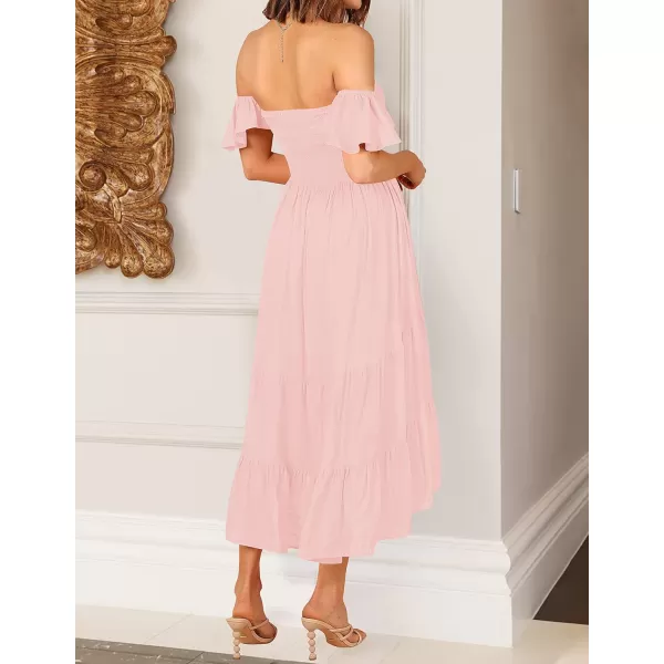 imageZESICA Womens 2023 Summer Boho Off Shoulder Short Sleeve Smocked Ruffle Swing High Low Mermaid Cocktail Party DressPink
