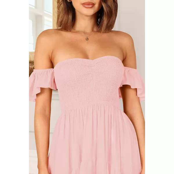 imageZESICA Womens 2023 Summer Boho Off Shoulder Short Sleeve Smocked Ruffle Swing High Low Mermaid Cocktail Party DressPink