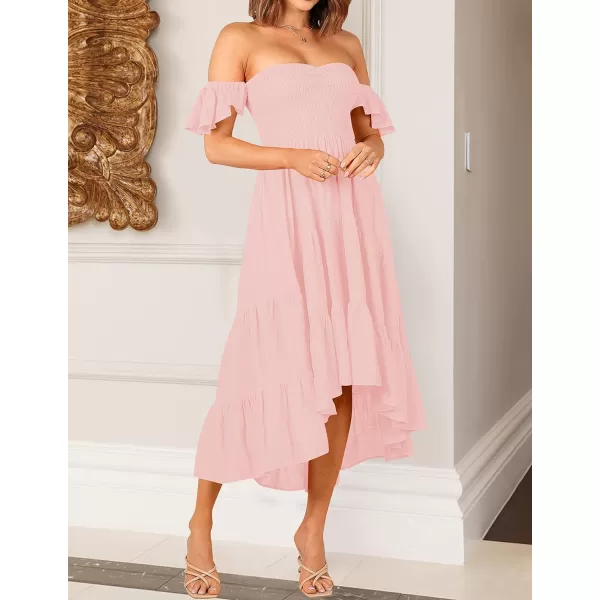 imageZESICA Womens 2023 Summer Boho Off Shoulder Short Sleeve Smocked Ruffle Swing High Low Mermaid Cocktail Party DressPink