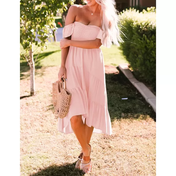 imageZESICA Womens 2023 Summer Boho Off Shoulder Short Sleeve Smocked Ruffle Swing High Low Mermaid Cocktail Party DressPink