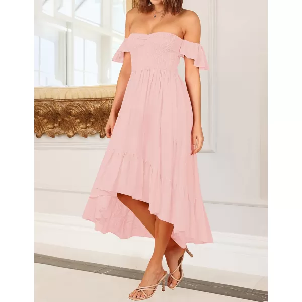 imageZESICA Womens 2023 Summer Boho Off Shoulder Short Sleeve Smocked Ruffle Swing High Low Mermaid Cocktail Party DressPink