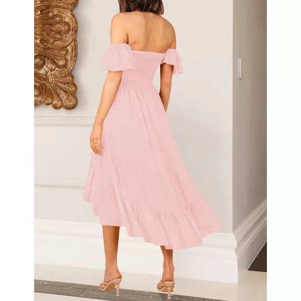 imageZESICA Womens 2023 Summer Boho Off Shoulder Short Sleeve Smocked Ruffle Swing High Low Mermaid Cocktail Party DressPink