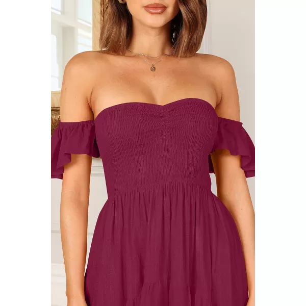 imageZESICA Womens 2023 Summer Boho Off Shoulder Short Sleeve Smocked Ruffle Swing High Low Mermaid Cocktail Party DressPlum