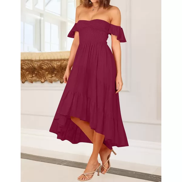 imageZESICA Womens 2023 Summer Boho Off Shoulder Short Sleeve Smocked Ruffle Swing High Low Mermaid Cocktail Party DressPlum