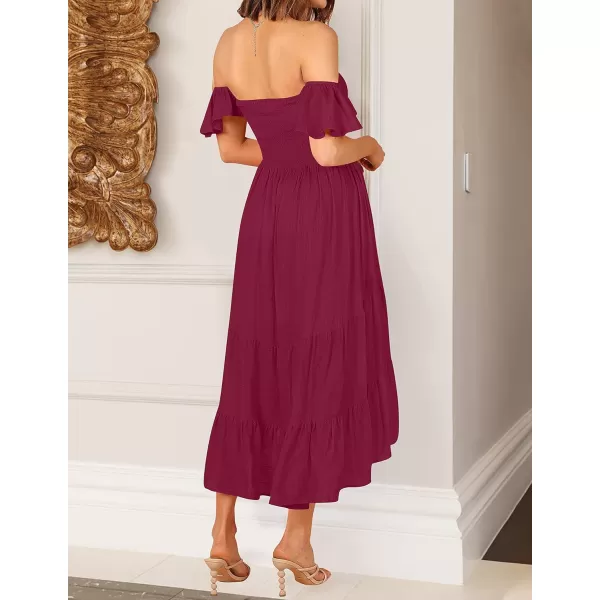 imageZESICA Womens 2023 Summer Boho Off Shoulder Short Sleeve Smocked Ruffle Swing High Low Mermaid Cocktail Party DressPlum