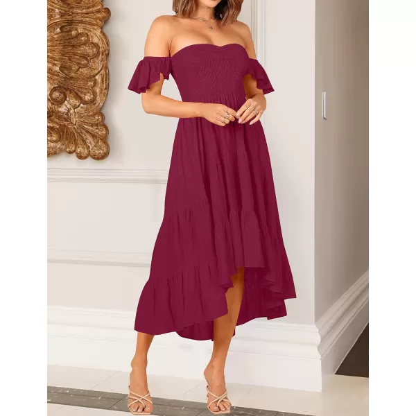 imageZESICA Womens 2023 Summer Boho Off Shoulder Short Sleeve Smocked Ruffle Swing High Low Mermaid Cocktail Party DressPlum