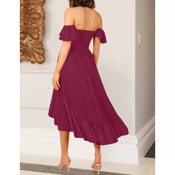 imageZESICA Womens 2023 Summer Boho Off Shoulder Short Sleeve Smocked Ruffle Swing High Low Mermaid Cocktail Party DressPlum