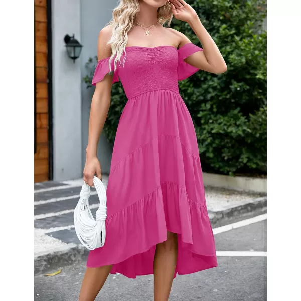 imageZESICA Womens 2023 Summer Boho Off Shoulder Short Sleeve Smocked Ruffle Swing High Low Mermaid Cocktail Party DressRosepink