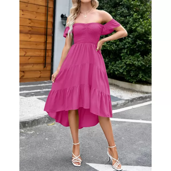 imageZESICA Womens 2023 Summer Boho Off Shoulder Short Sleeve Smocked Ruffle Swing High Low Mermaid Cocktail Party DressRosepink