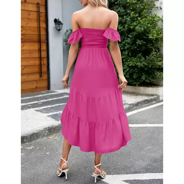 imageZESICA Womens 2023 Summer Boho Off Shoulder Short Sleeve Smocked Ruffle Swing High Low Mermaid Cocktail Party DressRosepink