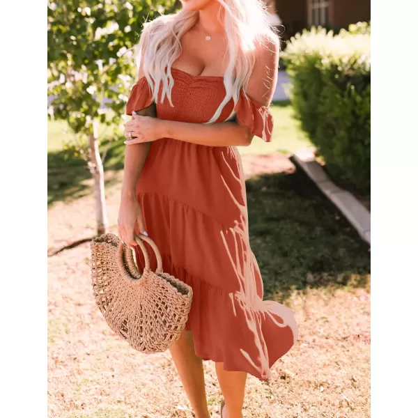 imageZESICA Womens 2023 Summer Boho Off Shoulder Short Sleeve Smocked Ruffle Swing High Low Mermaid Cocktail Party DressRust