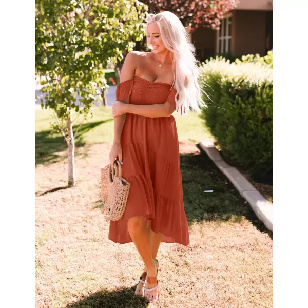 imageZESICA Womens 2023 Summer Boho Off Shoulder Short Sleeve Smocked Ruffle Swing High Low Mermaid Cocktail Party DressRust