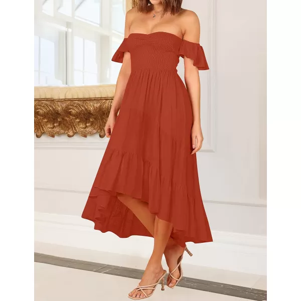 imageZESICA Womens 2023 Summer Boho Off Shoulder Short Sleeve Smocked Ruffle Swing High Low Mermaid Cocktail Party DressRust