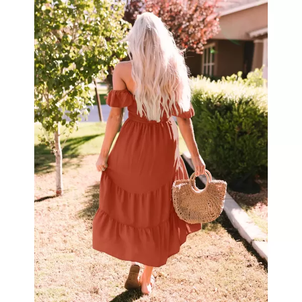 imageZESICA Womens 2023 Summer Boho Off Shoulder Short Sleeve Smocked Ruffle Swing High Low Mermaid Cocktail Party DressRust