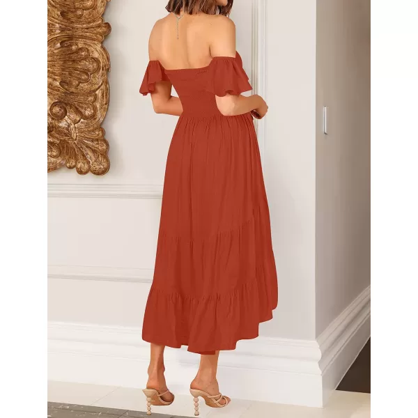 imageZESICA Womens 2023 Summer Boho Off Shoulder Short Sleeve Smocked Ruffle Swing High Low Mermaid Cocktail Party DressRust