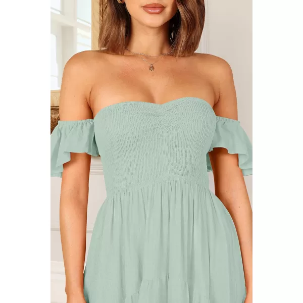 imageZESICA Womens 2023 Summer Boho Off Shoulder Short Sleeve Smocked Ruffle Swing High Low Mermaid Cocktail Party DressSage