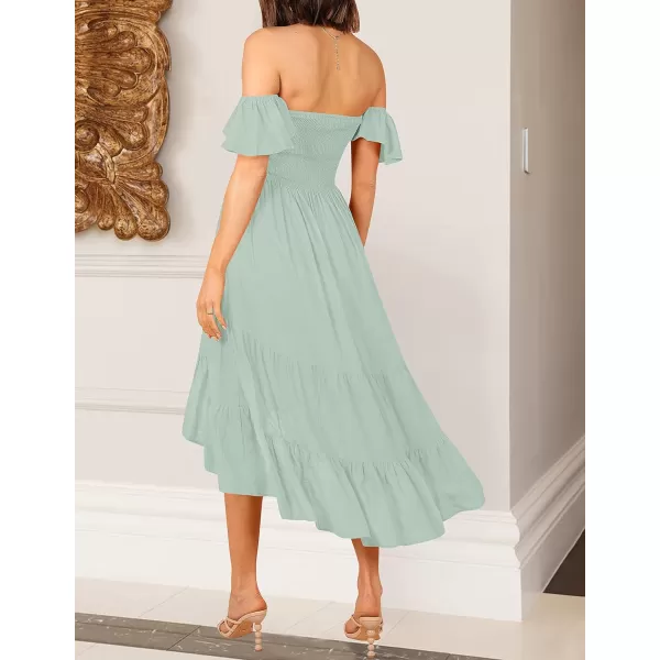 imageZESICA Womens 2023 Summer Boho Off Shoulder Short Sleeve Smocked Ruffle Swing High Low Mermaid Cocktail Party DressSage