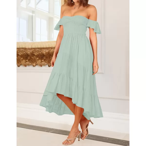 imageZESICA Womens 2023 Summer Boho Off Shoulder Short Sleeve Smocked Ruffle Swing High Low Mermaid Cocktail Party DressSage