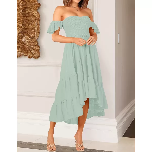 imageZESICA Womens 2023 Summer Boho Off Shoulder Short Sleeve Smocked Ruffle Swing High Low Mermaid Cocktail Party DressSage