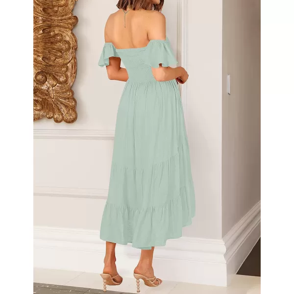 imageZESICA Womens 2023 Summer Boho Off Shoulder Short Sleeve Smocked Ruffle Swing High Low Mermaid Cocktail Party DressSage