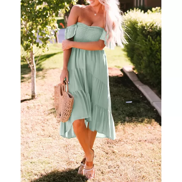 imageZESICA Womens 2023 Summer Boho Off Shoulder Short Sleeve Smocked Ruffle Swing High Low Mermaid Cocktail Party DressSage