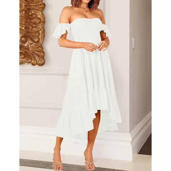 imageZESICA Womens 2023 Summer Boho Off Shoulder Short Sleeve Smocked Ruffle Swing High Low Mermaid Cocktail Party DressWhite