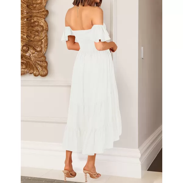 imageZESICA Womens 2023 Summer Boho Off Shoulder Short Sleeve Smocked Ruffle Swing High Low Mermaid Cocktail Party DressWhite