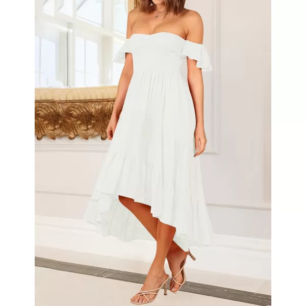 imageZESICA Womens 2023 Summer Boho Off Shoulder Short Sleeve Smocked Ruffle Swing High Low Mermaid Cocktail Party DressWhite