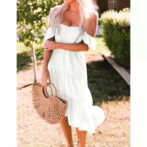 imageZESICA Womens 2023 Summer Boho Off Shoulder Short Sleeve Smocked Ruffle Swing High Low Mermaid Cocktail Party DressWhite