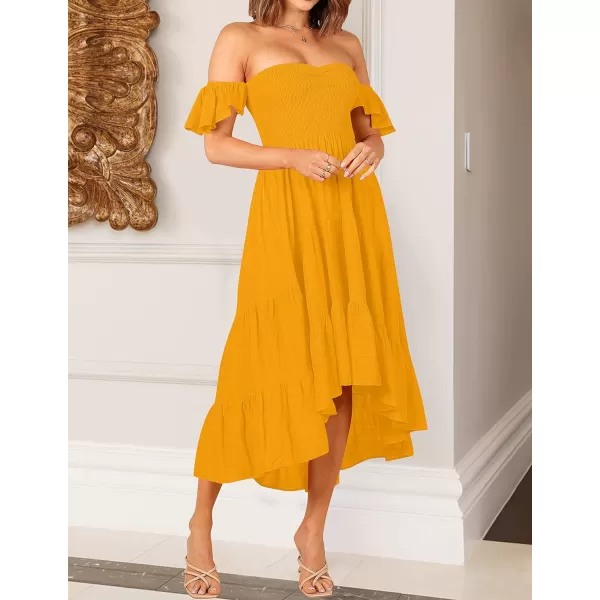 imageZESICA Womens 2023 Summer Boho Off Shoulder Short Sleeve Smocked Ruffle Swing High Low Mermaid Cocktail Party DressYellow