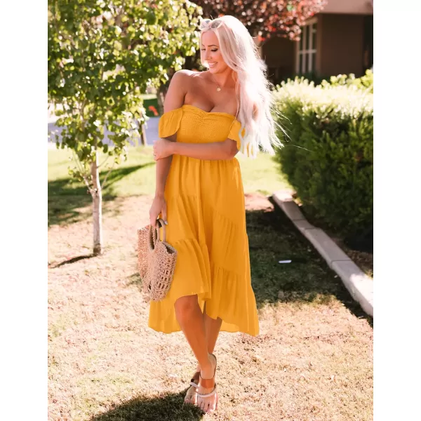 imageZESICA Womens 2023 Summer Boho Off Shoulder Short Sleeve Smocked Ruffle Swing High Low Mermaid Cocktail Party DressYellow