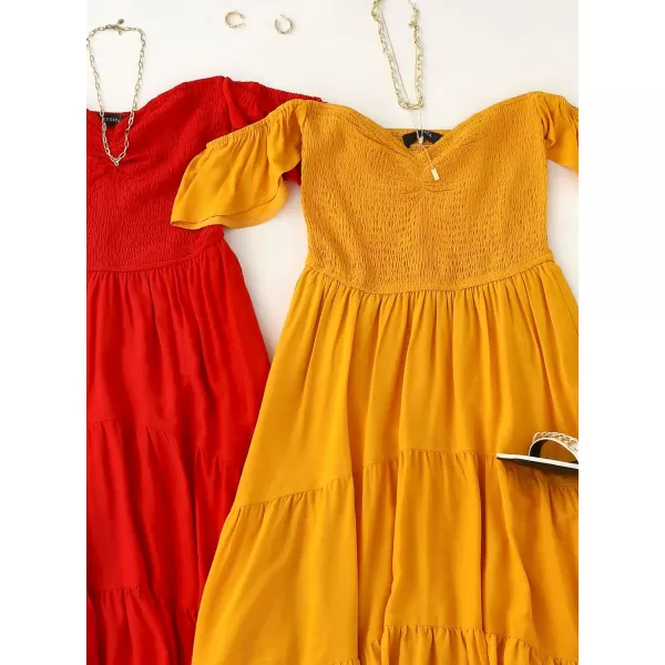 imageZESICA Womens 2023 Summer Boho Off Shoulder Short Sleeve Smocked Ruffle Swing High Low Mermaid Cocktail Party DressYellow