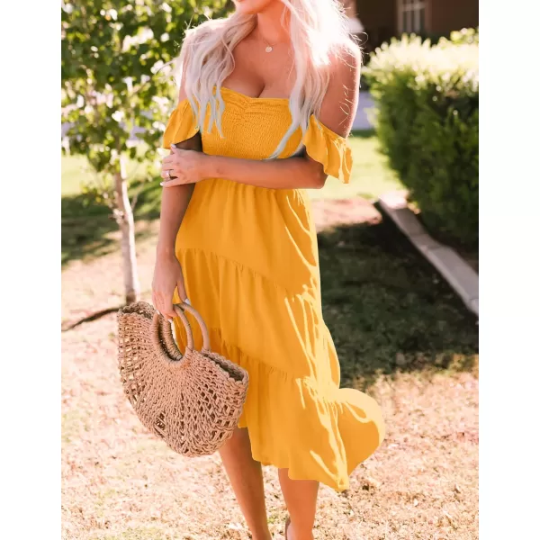 imageZESICA Womens 2023 Summer Boho Off Shoulder Short Sleeve Smocked Ruffle Swing High Low Mermaid Cocktail Party DressYellow