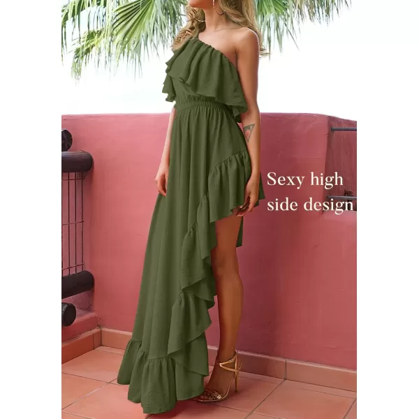 imageZESICA Womens 2023 Summer Boho One Shoulder Sleeveless Ruffle Asymmetrical High Low Flowy Prom Gown Wedding Long DressArmygreen