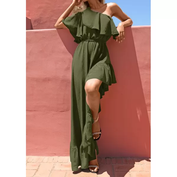 imageZESICA Womens 2023 Summer Boho One Shoulder Sleeveless Ruffle Asymmetrical High Low Flowy Prom Gown Wedding Long DressArmygreen