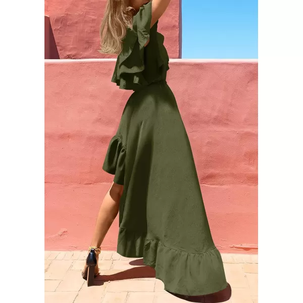imageZESICA Womens 2023 Summer Boho One Shoulder Sleeveless Ruffle Asymmetrical High Low Flowy Prom Gown Wedding Long DressArmygreen