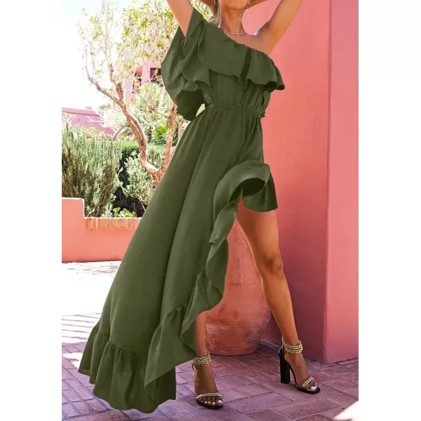 imageZESICA Womens 2023 Summer Boho One Shoulder Sleeveless Ruffle Asymmetrical High Low Flowy Prom Gown Wedding Long DressArmygreen