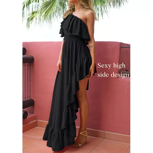 imageZESICA Womens 2023 Summer Boho One Shoulder Sleeveless Ruffle Asymmetrical High Low Flowy Prom Gown Wedding Long DressBlack