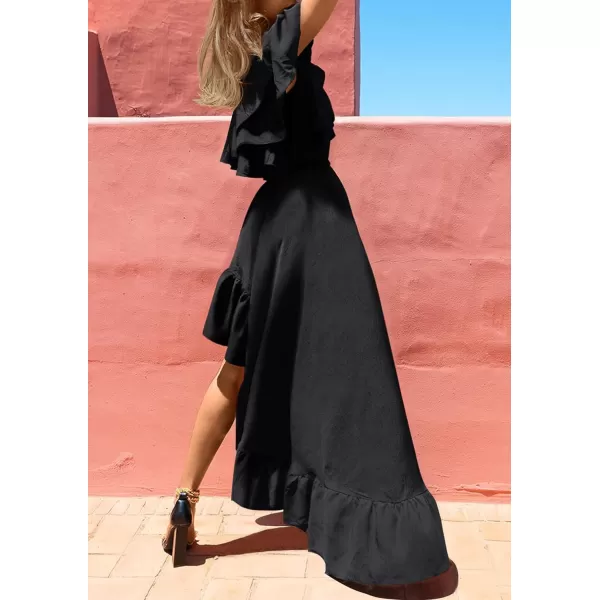 imageZESICA Womens 2023 Summer Boho One Shoulder Sleeveless Ruffle Asymmetrical High Low Flowy Prom Gown Wedding Long DressBlack