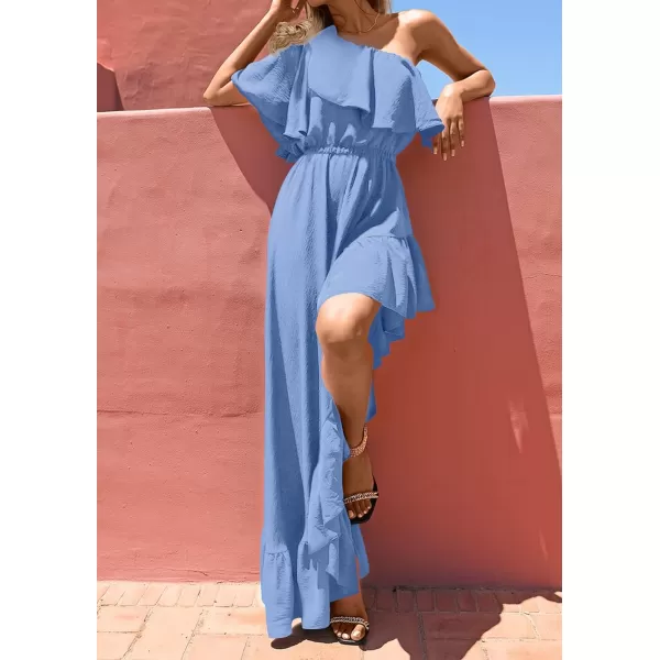imageZESICA Womens 2023 Summer Boho One Shoulder Sleeveless Ruffle Asymmetrical High Low Flowy Prom Gown Wedding Long DressDustyblue