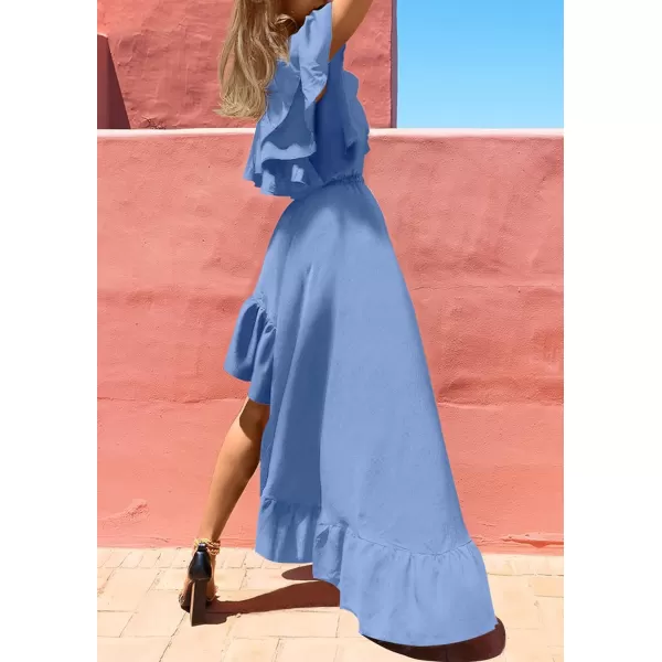 imageZESICA Womens 2023 Summer Boho One Shoulder Sleeveless Ruffle Asymmetrical High Low Flowy Prom Gown Wedding Long DressDustyblue