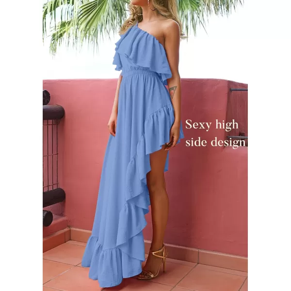 imageZESICA Womens 2023 Summer Boho One Shoulder Sleeveless Ruffle Asymmetrical High Low Flowy Prom Gown Wedding Long DressDustyblue