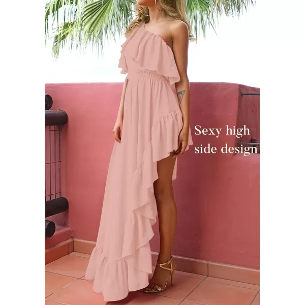 imageZESICA Womens 2023 Summer Boho One Shoulder Sleeveless Ruffle Asymmetrical High Low Flowy Prom Gown Wedding Long DressPink