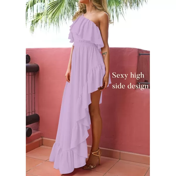 imageZESICA Womens 2023 Summer Boho One Shoulder Sleeveless Ruffle Asymmetrical High Low Flowy Prom Gown Wedding Long DressPurple