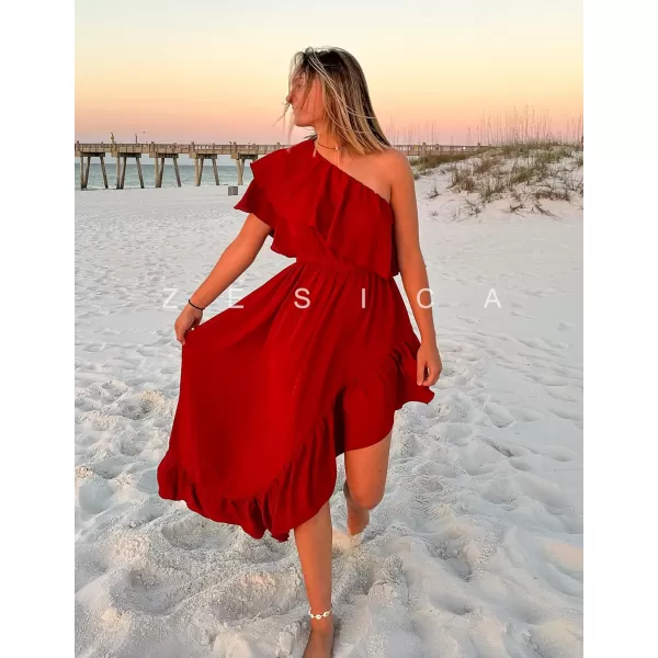 imageZESICA Womens 2023 Summer Boho One Shoulder Sleeveless Ruffle Asymmetrical High Low Flowy Prom Gown Wedding Long DressRed