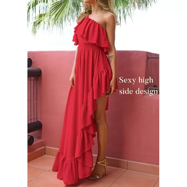 imageZESICA Womens 2023 Summer Boho One Shoulder Sleeveless Ruffle Asymmetrical High Low Flowy Prom Gown Wedding Long DressRed